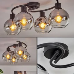 hofstein Plafonnier - Verre Koyoto Chrome, Clair, Fumé, 4 lumières