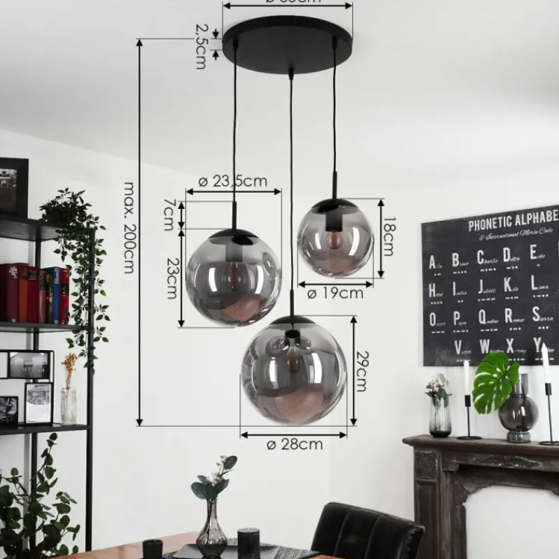 Suspension Verre Fumé-hofstein Plafonnier Voluntad Noir, 3 lumières