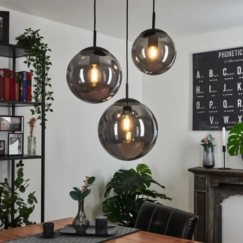 Suspension Verre Fumé-hofstein Plafonnier Voluntad Noir, 3 lumières