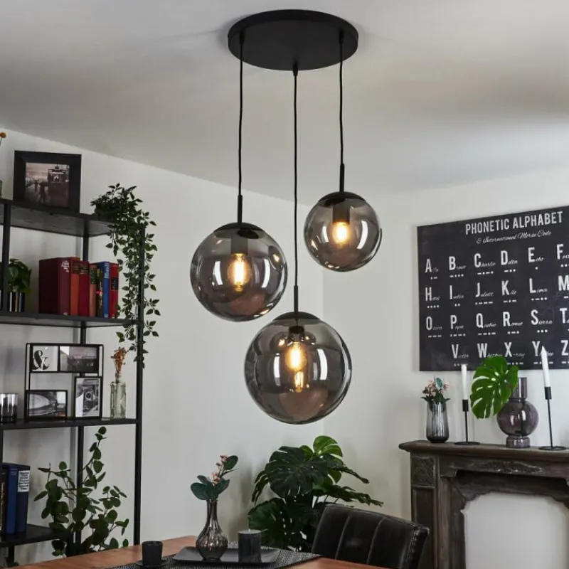 Suspension Verre Fumé-hofstein Plafonnier Voluntad Noir, 3 lumières