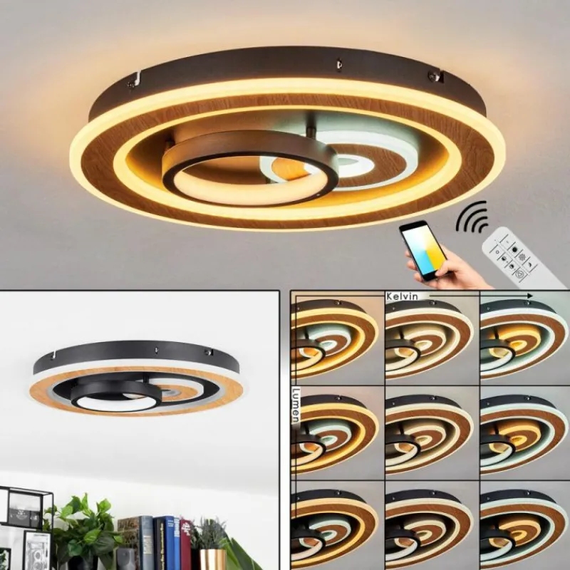hofstein Plafonnier Xamontarupt LED Brun, Couleur bois, Noir, 1 lumière, Télécommandes