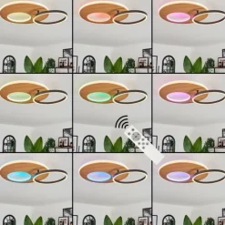 hofstein Plafonnier Abonakope LED Couleur bois, Écru, Noir, 2 lumières, Télécommandes, Changeur de couleurs