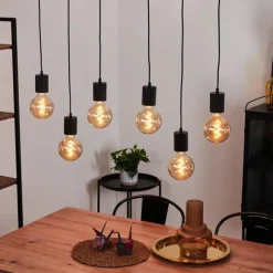 Style Boho-Chic-hofstein Plafonnier Ajaccio Bois clair, Noir, 6 lumières