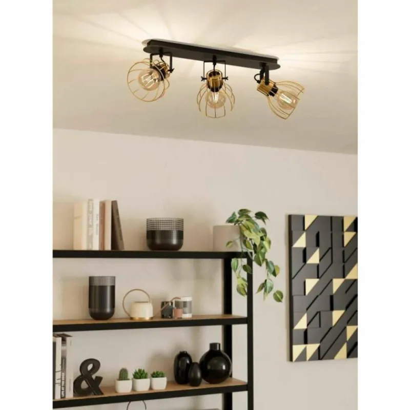 Lampes Industrielles-Luminaires Eglo Plafonnier Eglo SAMBATELLO Laiton, Noir, 3 lumières