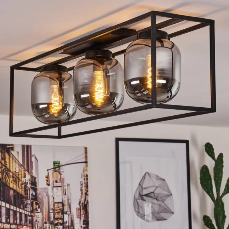 Suspension Verre Fumé-hofstein Plafonnier Elvange Noir, 3 lumières