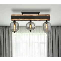 Suspension Verre Fumé-Luminaires Globo Lighting Plafonnier Globo LOREY Bois foncé, Noir, 3 lumières