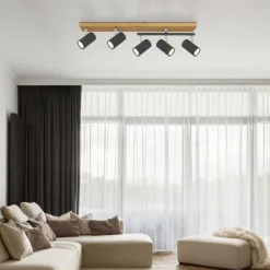 Lampes En Bois-Luminaires Globo Lighting Plafonnier Globo ROBBY Couleur bois, Noir, 5 lumières