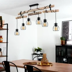 Style Boho-Chic-hofstein Plafonnier Gondo Bois clair, Noir, 6 lumières