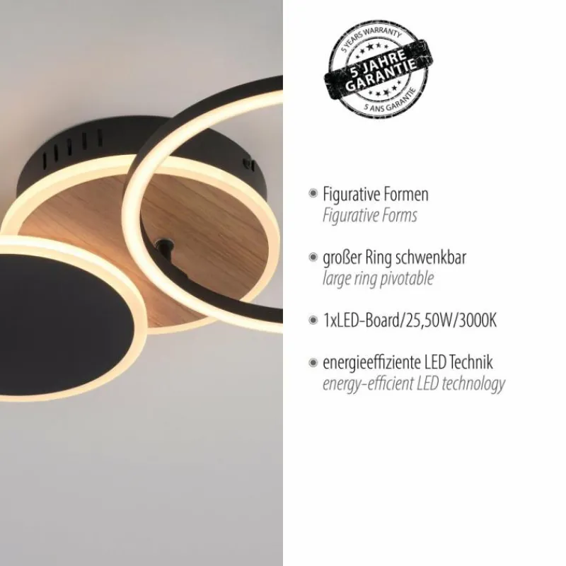 Lampes En Bois-Luminaires Leuchten Direkt Plafonnier Leuchten-Direkt SEVENT LED Couleur bois, Noir, 1 lumière