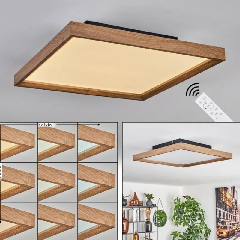 hofstein Plafonnier Longvic LED Brun, Couleur bois, Noir, 1 lumière, Télécommandes