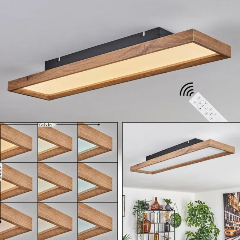 hofstein Plafonnier Longvic LED Brun, Couleur bois, Noir, 1 lumière, Télécommandes