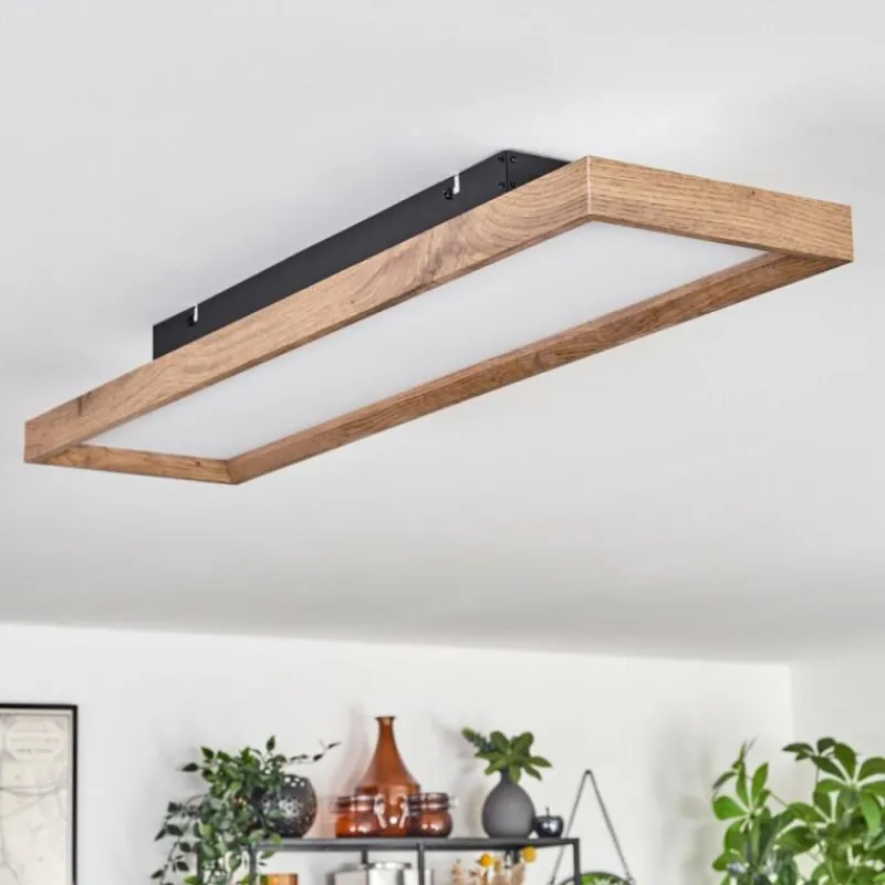 hofstein Plafonnier Longvic LED Brun, Couleur bois, Noir, 1 lumière, Télécommandes