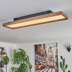 hofstein Plafonnier Longvic LED Brun, Couleur bois, Noir, 1 lumière, Télécommandes