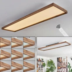 hofstein Plafonnier Longvic LED Couleur bois, Noir, 1 lumière, Télécommandes