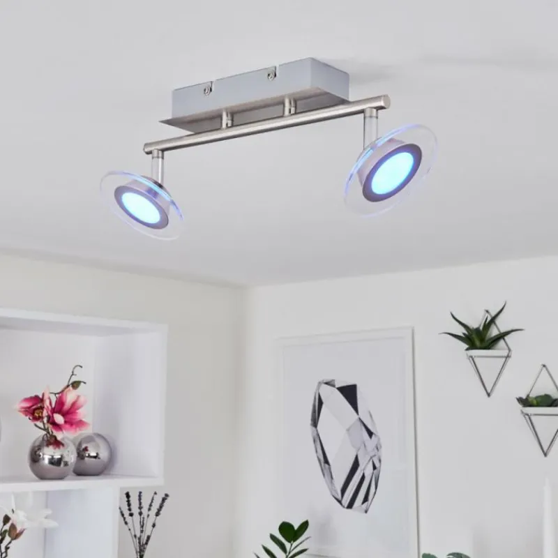 hofstein Plafonnier Marsen LED Chrome, Nickel mat, 2 lumières, Télécommandes, Changeur de couleurs