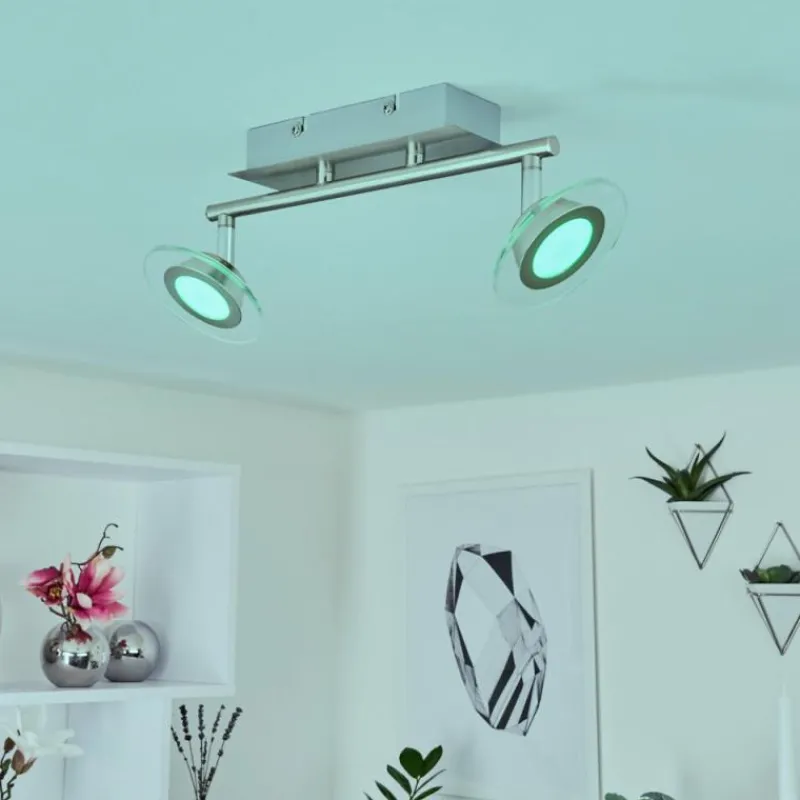 hofstein Plafonnier Marsen LED Nickel mat, 2 lumières, Télécommandes, Changeur de couleurs