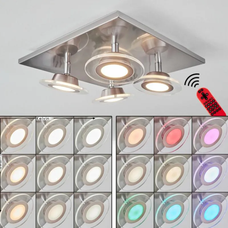 hofstein Plafonnier Marsen LED Nickel mat, 4 lumières, Télécommandes, Changeur de couleurs