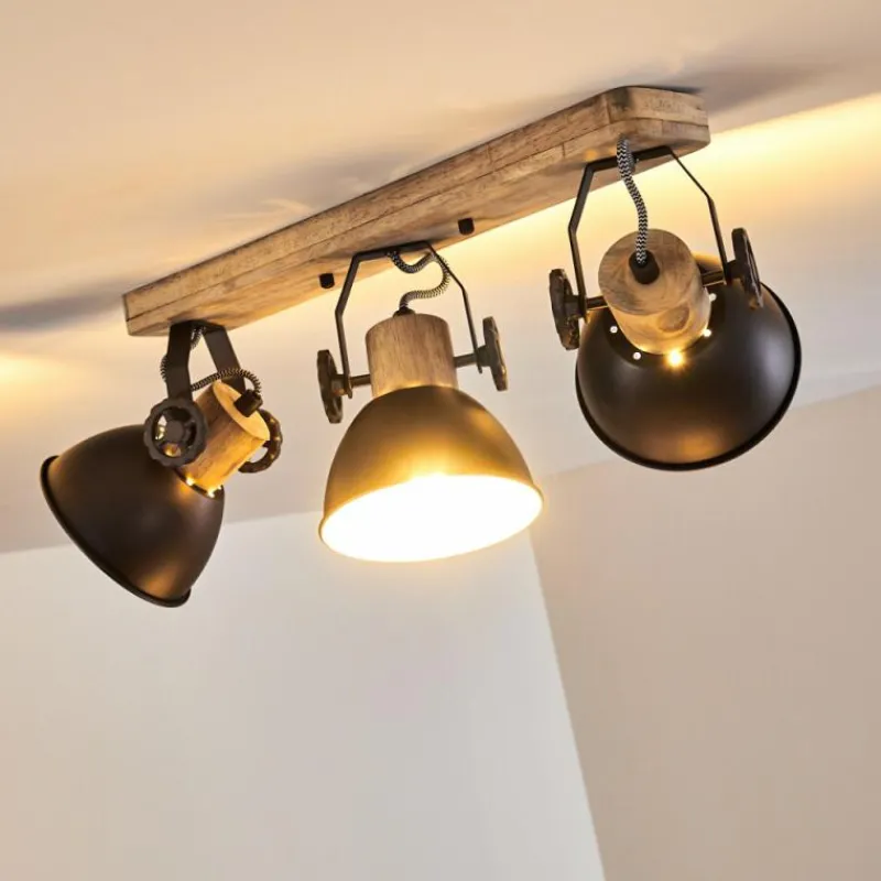 hofstein Plafonnier Orny Anthracite, Bois clair, 3 lumières