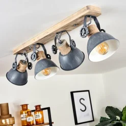 Lampes Industrielles-hofstein Plafonnier Orny Gris, Bois clair, 4 lumières