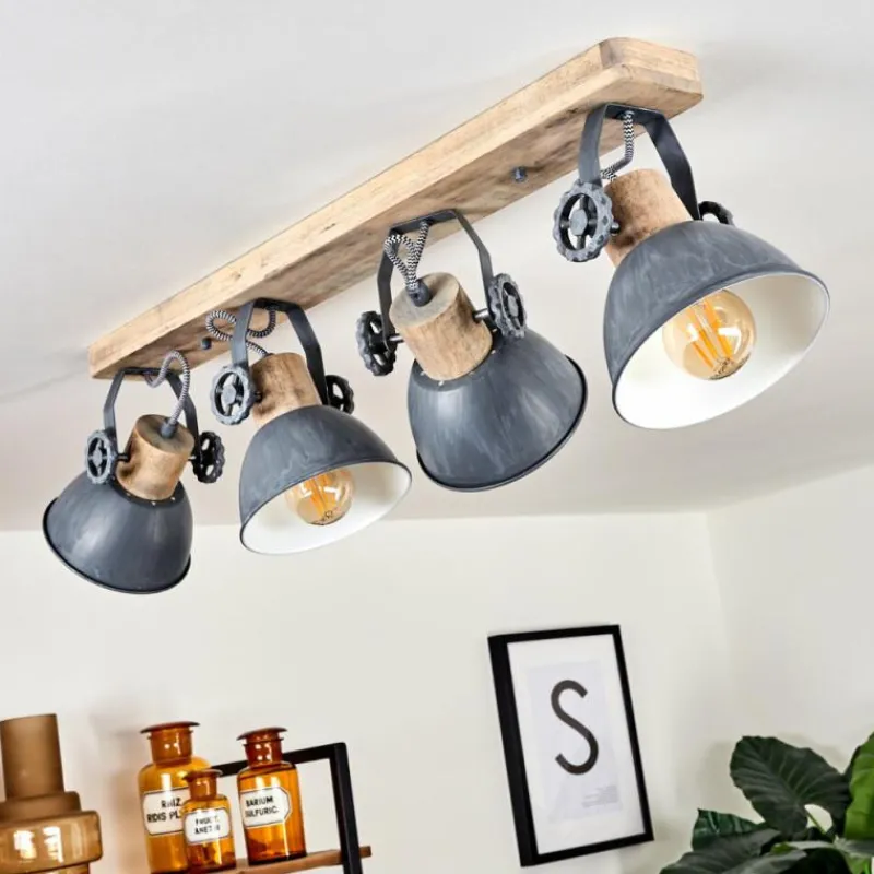 Lampes Industrielles-hofstein Plafonnier Orny Gris, Bois clair, 4 lumières