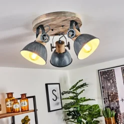 Lampes Industrielles-hofstein Plafonnier Orny Gris, Bois clair, 3 lumières