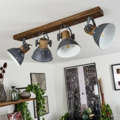 Lampes Industrielles-hofstein Plafonnier Orny Gris, Bois foncé, 4 lumières