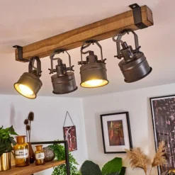 Lampes Industrielles-hofstein Plafonnier Pehefito Gris, Bois foncé, Noir, 4 lumières