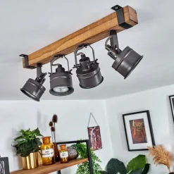 Lampes Industrielles-hofstein Plafonnier Pehefito Gris, Bois foncé, Noir, 4 lumières