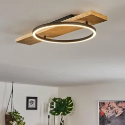 hofstein Plafonnier Pompu LED Bois clair, Noir, 1 lumière