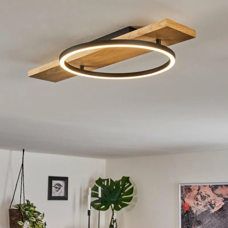 hofstein Plafonnier Pompu LED Bois clair, Noir, 1 lumière