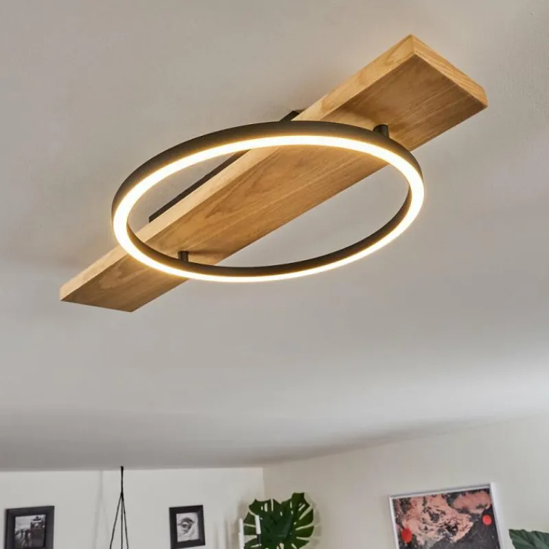 hofstein Plafonnier Pompu LED Bois clair, Noir, 1 lumière