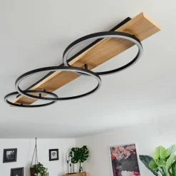 hofstein Plafonnier Pompu LED Bois clair, Noir, 3 lumières