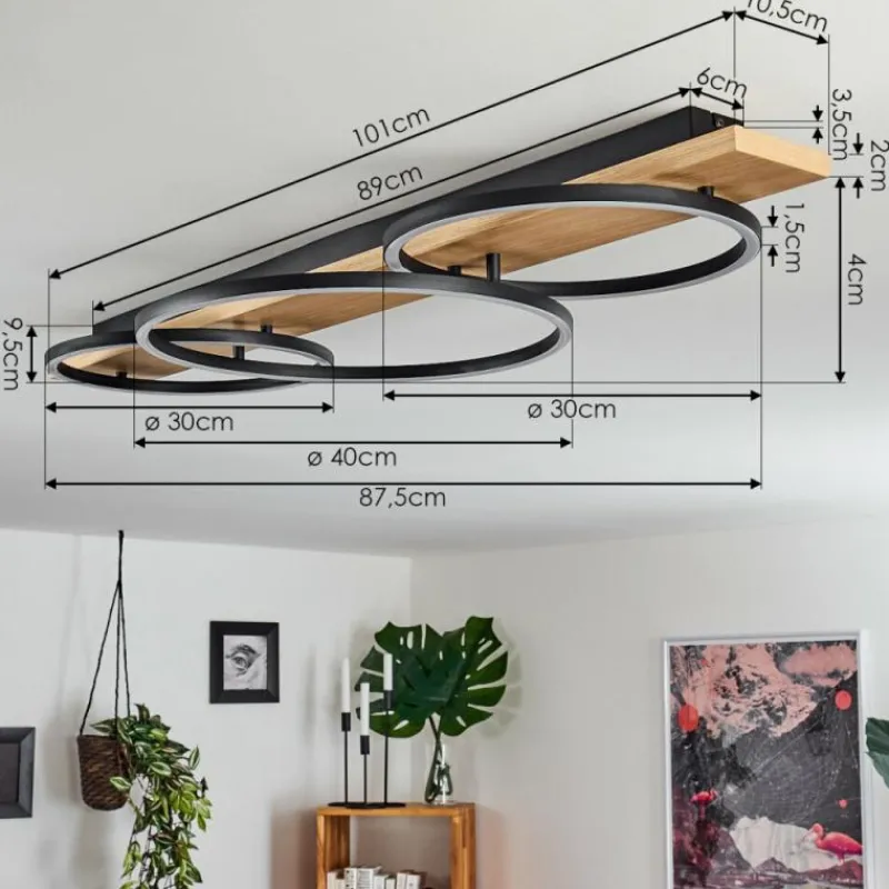 hofstein Plafonnier Pompu LED Bois clair, Noir, 3 lumières
