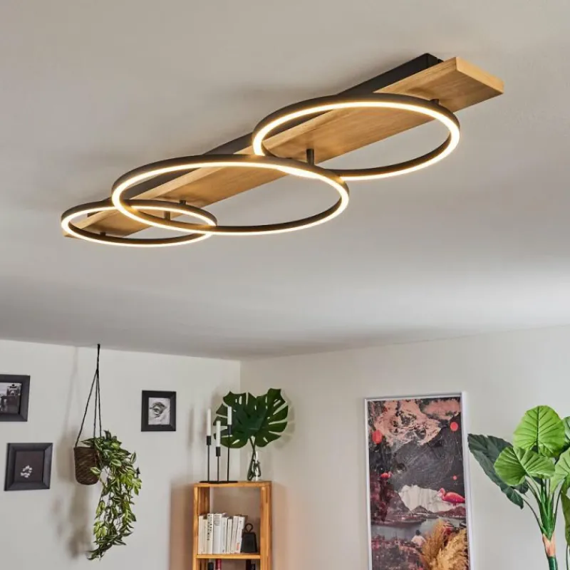 hofstein Plafonnier Pompu LED Bois clair, Noir, 3 lumières