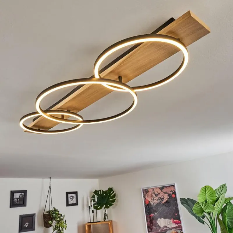 hofstein Plafonnier Pompu LED Bois clair, Noir, 3 lumières