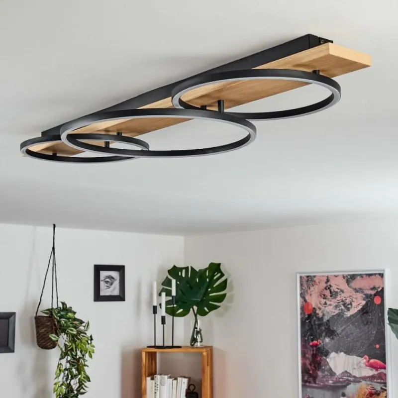 hofstein Plafonnier Pompu LED Bois clair, Noir, 3 lumières