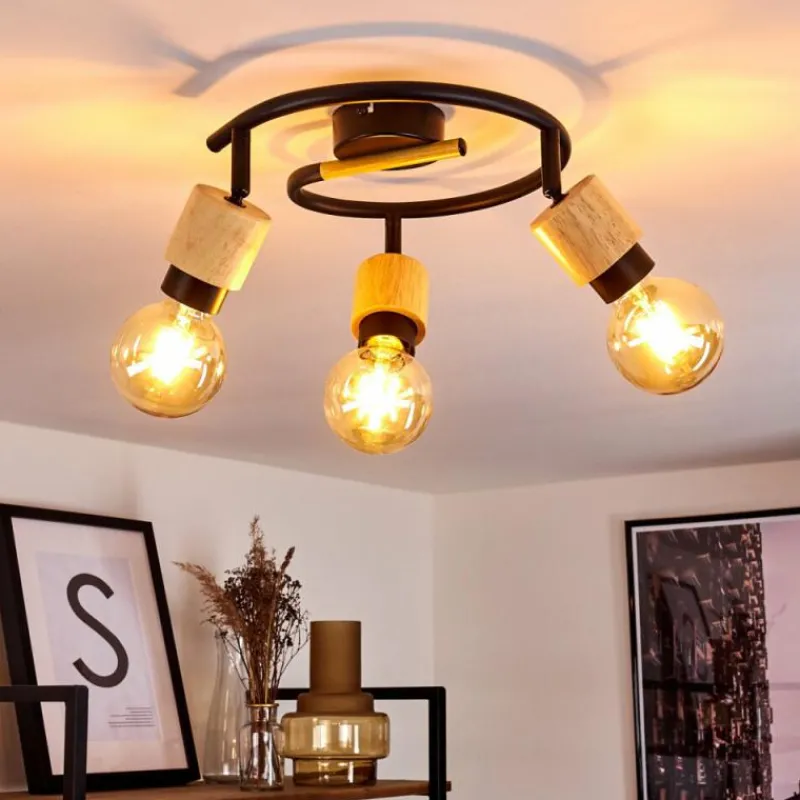 hofstein Plafonnier Sezze Bois clair, Noir, 3 lumières