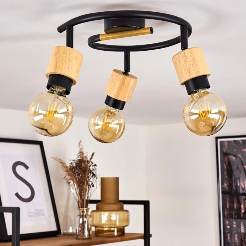 hofstein Plafonnier Sezze Bois clair, Noir, 3 lumières