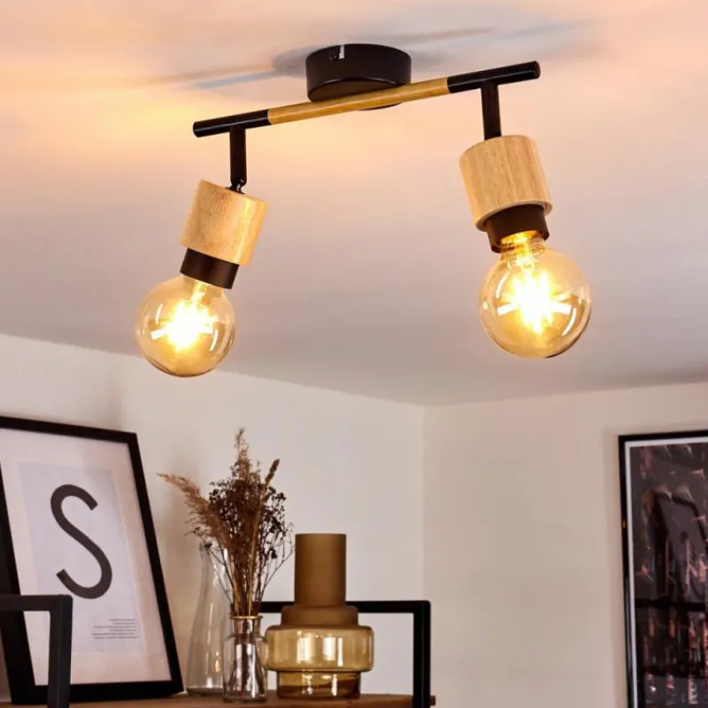 hofstein Plafonnier Sezze Bois clair, Noir, 2 lumières