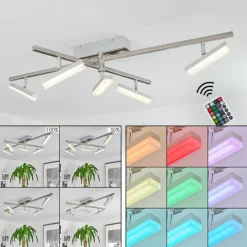 hofstein Plafonnier Vehkala LED Chrome, Nickel mat, 5 lumières, Télécommandes, Changeur de couleurs