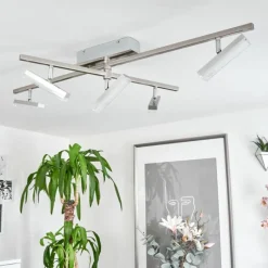 hofstein Plafonnier Vehkala LED Chrome, Nickel mat, 5 lumières, Télécommandes, Changeur de couleurs
