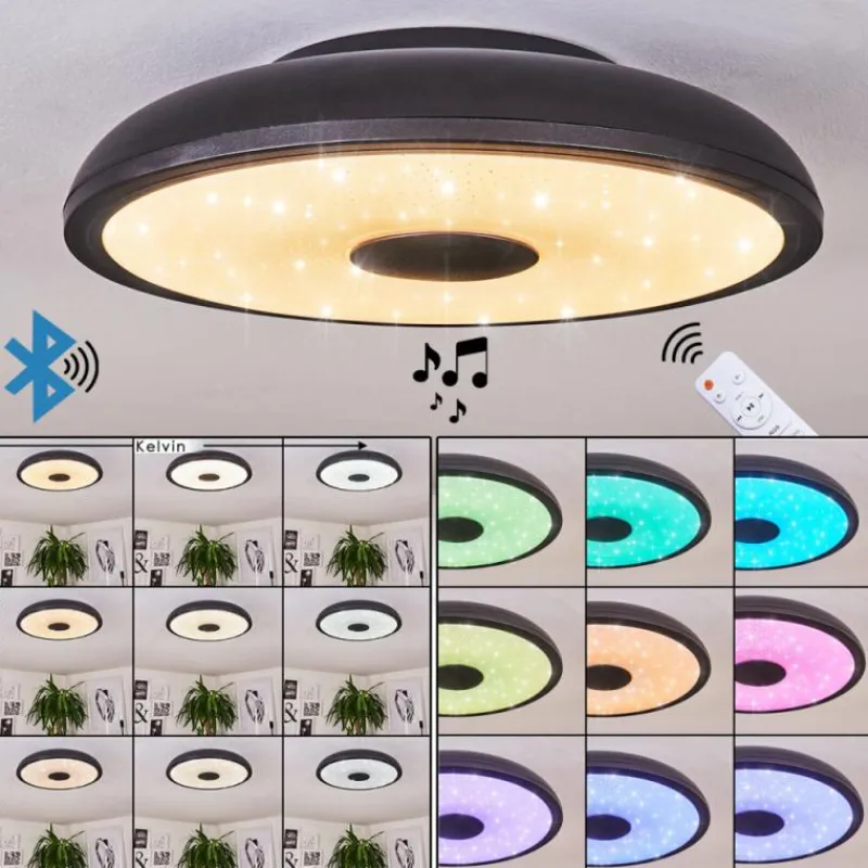 hofstein Plafonnier Vully LED Noir, 1 lumière, Télécommandes, Changeur de couleurs