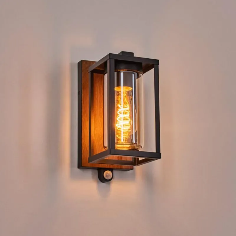 hofstein Portalis Lampe murale d´extérieur Brun, Couleur bois, Noir, 1 lumière, Détecteur de mouvement