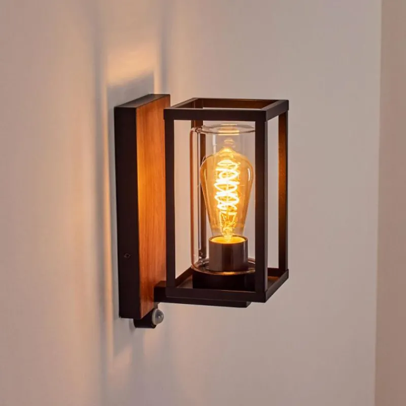 hofstein Portalis Lampe murale d´extérieur Brun, Couleur bois, Noir, 1 lumière, Détecteur de mouvement
