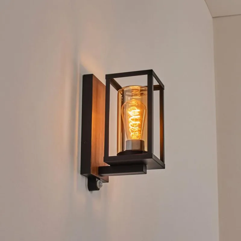 hofstein Portalis Lampe murale d´extérieur Brun, Couleur bois, Noir, 1 lumière, Détecteur de mouvement