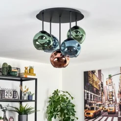 hofstein Ripoll Plafonnier, Boule lumineuse Bleu, Vert, Cuivré, 5 lumières