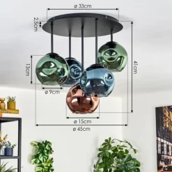 hofstein Ripoll Plafonnier, Boule lumineuse Bleu, Vert, Cuivré, 5 lumières