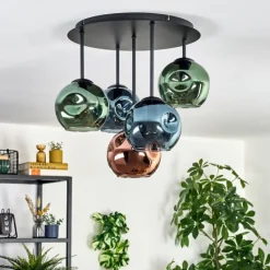 hofstein Ripoll Plafonnier, Boule lumineuse Bleu, Vert, Cuivré, 5 lumières