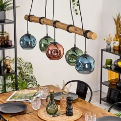 hofstein Ripoll Suspension, Boule lumineuse, Suspension Bleu, Vert, Cuivré, 5 lumières