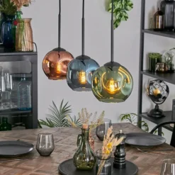 hofstein Ripoll Suspension, Boule lumineuse, Suspension Bleu, Vert, Cuivré, 3 lumières